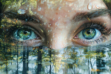 Surreal fusion of human face and forest landscape, eyes mirroring a river, tears as rain, highlighting our role in the water cycle and deforestation impact. - Powered by Adobe