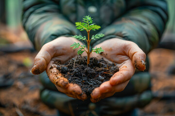 Close-up of hands holding earth and a tiny green sapling, with a deforested area behind, representing the critical importance of reforestation efforts