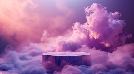 3D Round podium for the presentation of luxury product in clouds and purple smoke