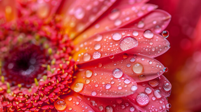 Abstract of a red Gerbera daisy macro with water droplets on the petals.. Extreme shallow depth of field