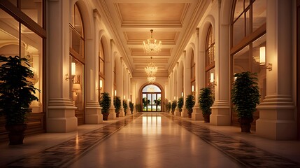 Luxury hotel interior 3d render illustration. Luxury hotel lobby with columns and arches. - obrazy, fototapety, plakaty