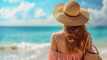 Beautiful woman wearing pink beach clothes and a straw hat with Bag walking on the beach at the sea - obrazy, fototapety, plakaty