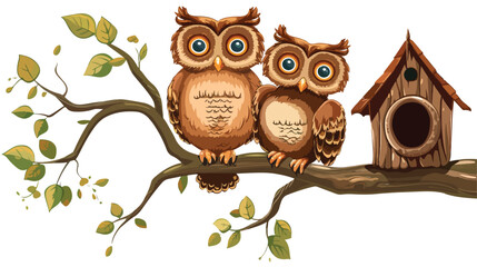 Owls family on a branch with a birdhouse.