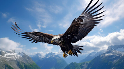 Obraz premium The Flying Bald Eagle flaps its majestic wings and soars high among the views of high mountains and clouds in the clear blue sky