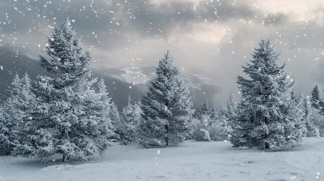 Snowy Pine Forest Landscape in Winter Wonderland Seamless looping 4k time-lapse virtual video animation background. Generated AI
