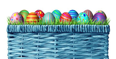 Easter Eggs Basket as a festive celebration for collecting decorated egg group as a March spring season concept.