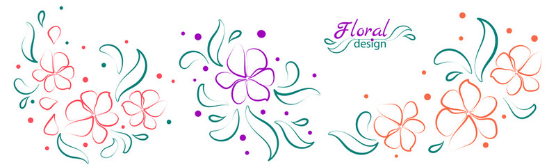 Set of colored flower arrangements with green leaves. Vector isolated one ine drawing on white background. Design of cards, albums, holidays, social networks, embroidery, applique, handicrafts