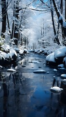 Winter landscape with a river and trees in the snow - panorama