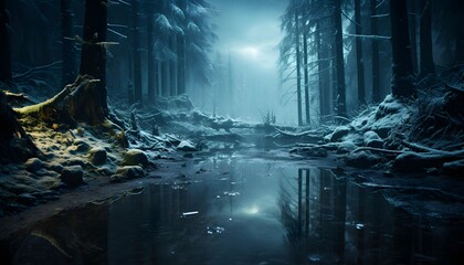 Mysterious dark forest in the fog. 3D Rendering