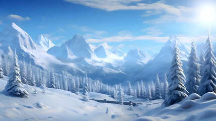 Winter landscape with snowy fir trees and blue sky. 3d render