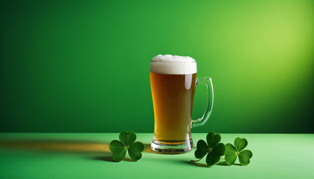 A glass of green liquid beer on a green background. St. Patrick's day celebration poster with shamrocks and copy space.