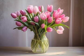 A bouquet of pink tulips in a glass vase on the table.