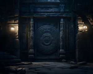 Ancient gong at the entrance of the temple. 3D rendering
