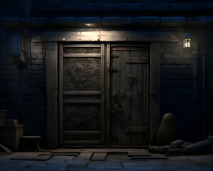 Fototapeta na wymiar 3D rendering of a fantasy scene with a door and a lamp