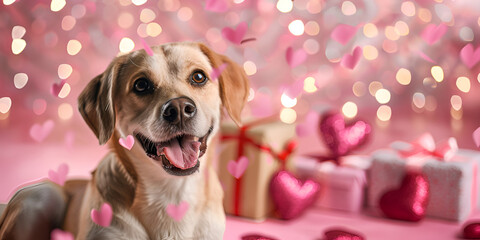 dog in pink funny dog congratulates on valentines day on a pink background  jack russell dog crazy and silly in love on valentines day , rose petals flying and falling as background

