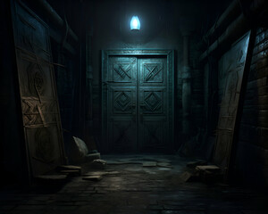 Creepy dark room with wooden door. 3D rendering.