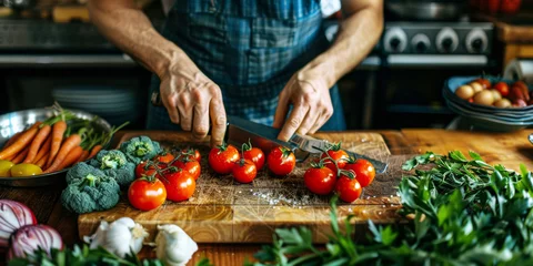 Fotobehang Fresh Produce: Man Chopping Tomatoes. Man's hands preparing vegetables on a chopping board. © AI Visual Vault