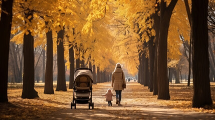 Mom with a stroller in the autumn park for a walk