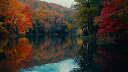 A tranquil lake surrounded by trees with leaves changing colors in the fall, reflecting the serene beauty of autumn.