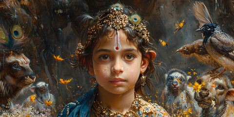 Playful Divinity: Artistic Rendition of Krishna Youthful Adventures, Full of Mirth - obrazy, fototapety, plakaty