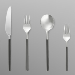 3D set of fork, knife and spoon isolated on white background. Vector realistic illustration of silver or stainless steel cutlery collection, modern restaurant kitchen flatware design, dining tools