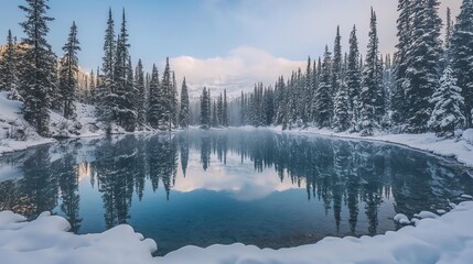 A tranquil lake surrounded by snow-covered pine trees.