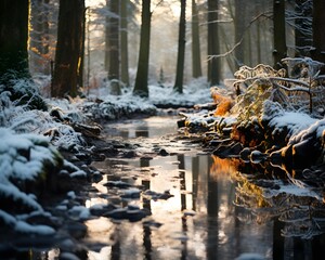 Beautiful winter landscape with frozen river and trees in the forest.