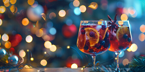 games day go caroling day national sangria day Refreshing cocktail with ice fruits and berries Alcoholic cocktail on the bar wi christmas bokeh lights  background  - obrazy, fototapety, plakaty
