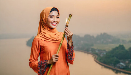 Asian Model in Orange Baju Kurung Dress with Hijab - Elegant Photoshoot Holding Bamboo Torch
