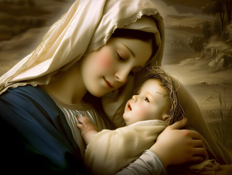 Mary hugging baby Jesus, Son of God, Christmas nativity scene