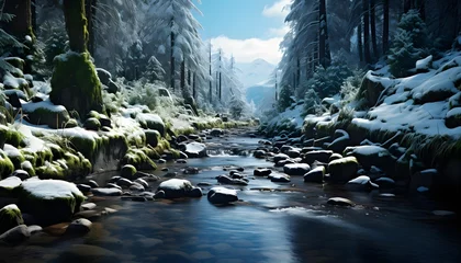 Fototapeten River in the forest. Mountain river in the winter forest. Beautiful winter landscape. © Iman