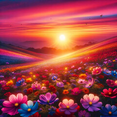 Fototapeta na wymiar 赤く美しい太陽と花が咲く丘の風景【生成AI】