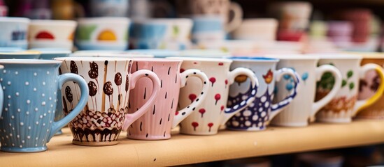 A row of various coffee cups, including handmade ceramic mugs in shapes like cupcakes, berries, and ice cream cones, sits neatly on top of a wooden shelf in a craft fair or workshop. The cups are