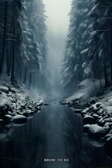 Foggy forest in winter. Panoramic landscape. 3D illustration