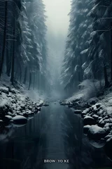 Stoff pro Meter Foggy forest in winter. Panoramic landscape. 3D illustration © Iman