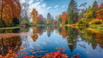 A tranquil pond surrounded by trees in their autumn colors, reflecting the vibrant foliage on its mirror-like surface.