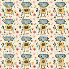 Vintage Televisions and Floral Motifs Pattern. Retro-inspired pattern with vintage television sets and floral motifs on a speckled beige background.

