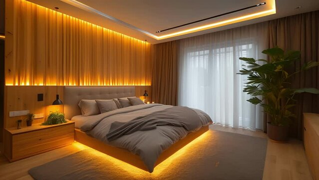 A contemporary bedroom with LED strip lights installed behind the headboard providing a subtle and calming glow for a peaceful sleep.