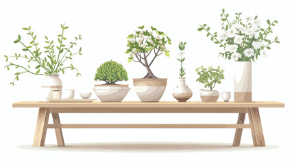 Vintage wooden table shelf with potted bloom bonsai. - obrazy, fototapety, plakaty
