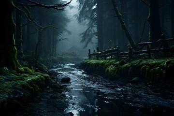 Majestic dark forest river at night. Panoramic image