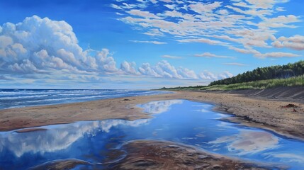 A tranquil tide pool reflecting the surrounding beauty of the sandy beach, under the expansive canvas of a vivid blue sky.