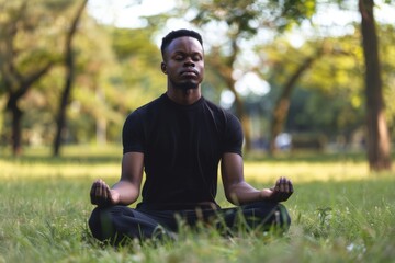 Black man practicing meditation in a park