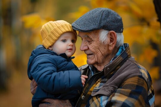 Stunning high resolution photo of an elderly man holding his grandson