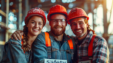 Three happy construction safety team engineer,generative ai - obrazy, fototapety, plakaty