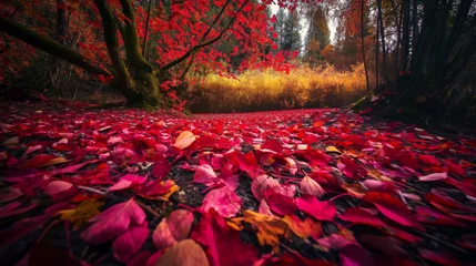 Zelfklevend Fotobehang A vibrant autumn forest with leaves in various shades of red and gold, creating a mesmerizing carpet on the ground. © The Image Studio