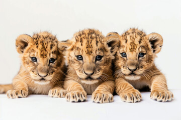 Three cute lion cubs posing together against a clean white backdrop