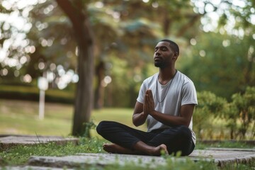 Naklejka na ściany i meble Black man practicing meditation in a park