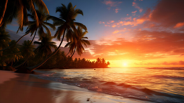 Tropical beach at sunset with palm trees. 3d render