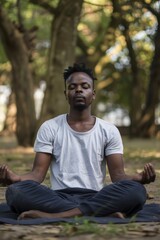 Naklejka na ściany i meble Black man practicing meditation in a park