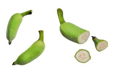 Green unripe bananas in various states of slicing, isolated on a transparent background, perfect for food and nutrition concepts